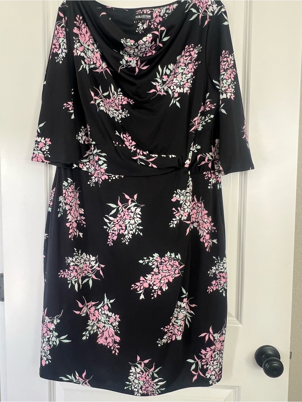 Cowl Neck Midi Dress in Pink Floral on Black